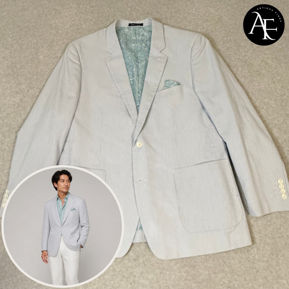 Alan Flusser Mens XL Seersucker Blazer Blue White Pinstripe Cotton Sport Coat